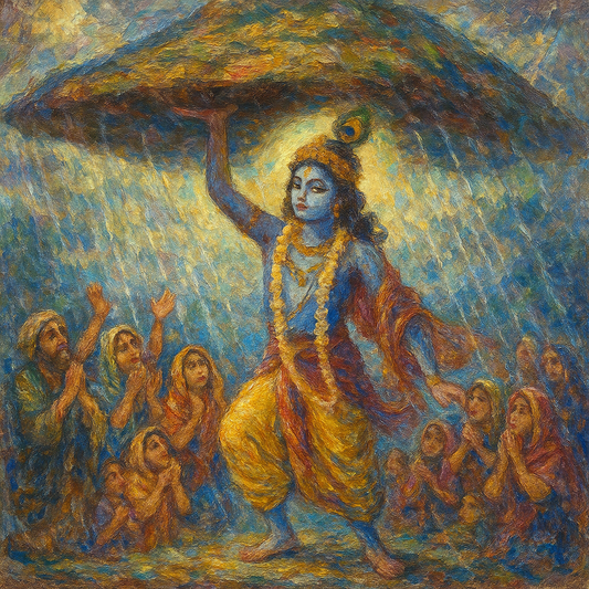 Lord Krishna lifting Govardhan Giri