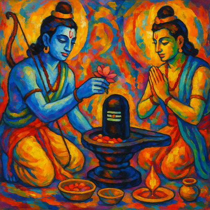 Ram and Lakshman doing pooja to Shiv Ling