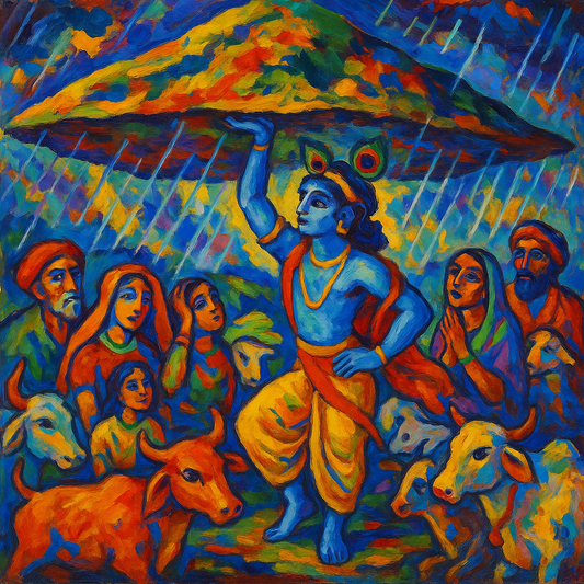 Krishna lifting Govardhan Giri
